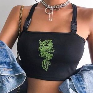 Neon Green Dragon Crop Top with Buckles